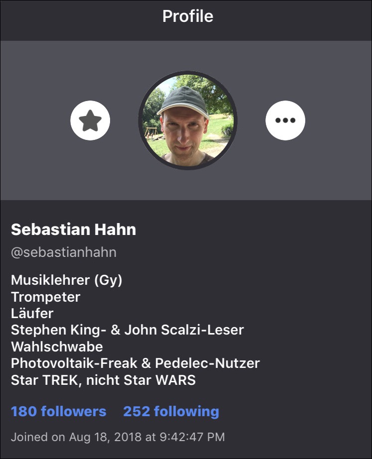 Mein Profil bei Mastodon – inklusive des Anmeldedatums vor genau einem Jahr...